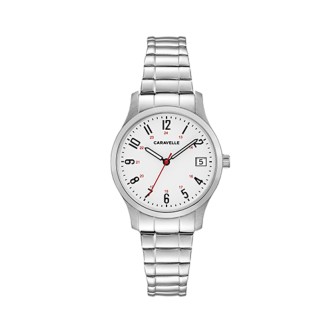 LADIES’ CARAVELLE SILVER-TONE STAINLESS STEEL COMFORT-FIT WATCH, WHITE DIAL
