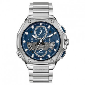 BULOVA MENS PRECISIONIST CHRONOGRAPH SILVER-TONE STAINLESS STEEL WATCH, BLUE DIAL