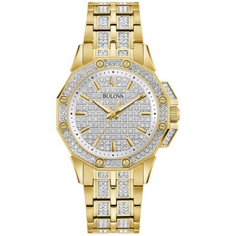 BULOVA LADIES’ OCTAVA CRYSTAL GOLD-TONE STAINLESS STEEL WATCH, CRYSTAL DIAL