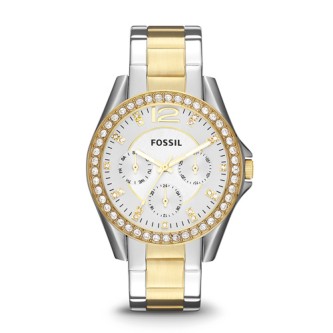 FOSSIL LADIES' RILEY STAINLESS STEEL WATCH, TWO TONE